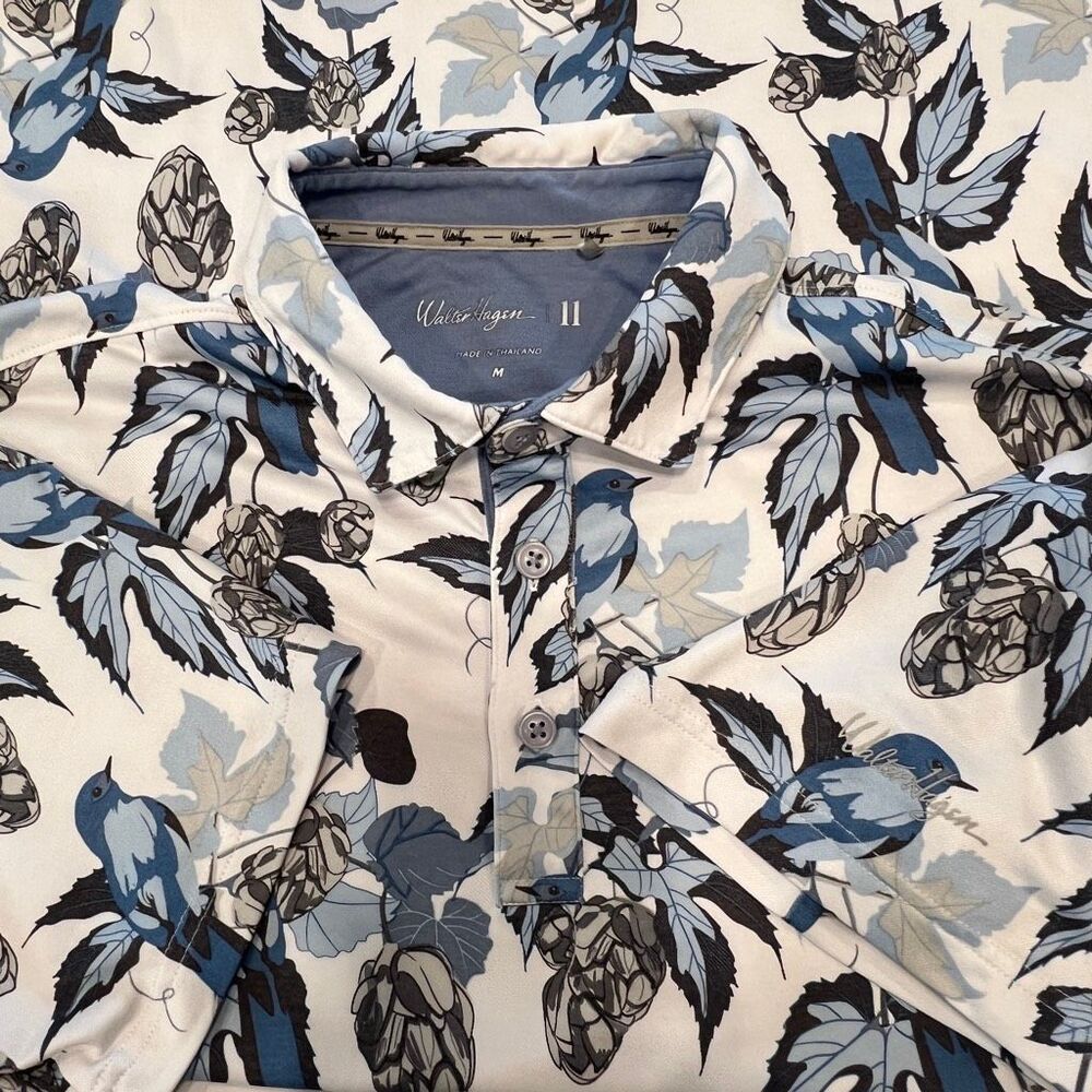 Walter Hagen Men's Perfect 11 Hops & Birdies Print Golf Polo Shirt Blue Medium